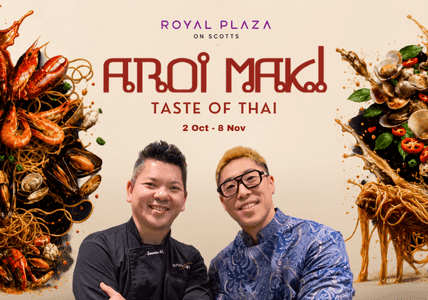 Two smiling men with Thai food and event text "Aroi Mak! Taste of Thai" at Royal Plaza.