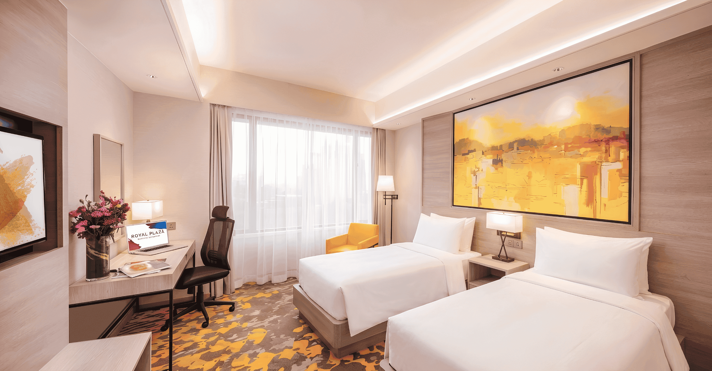Modern hotel room with two single beds, a desk, and abstract wall art.