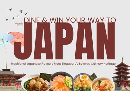Promotional banner: Dine & Win Your Way to Japan, featuring Japanese food and temples.