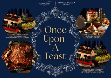 Royal Plaza on Scotts' 'Once Upon A Feast' festive menu showcases turkey, Yule log, and desserts.