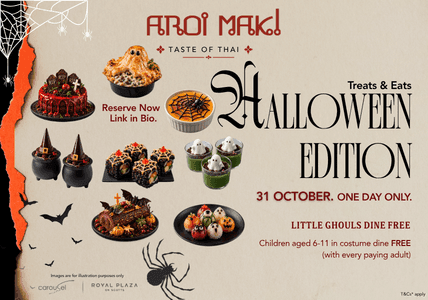 Halloween Edition promotion by Aroi Mak Taste of Thai, featuring themed desserts and dishes.