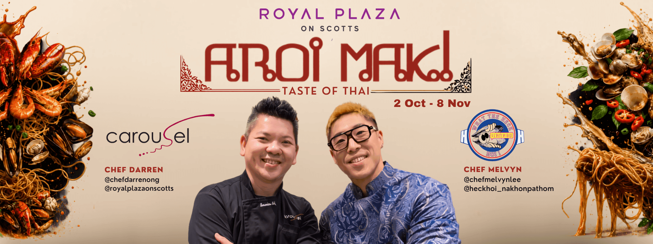 Aroi Mak! Taste of Thai event poster with two smiling chefs, Chef Karron and Chef Nguyen.